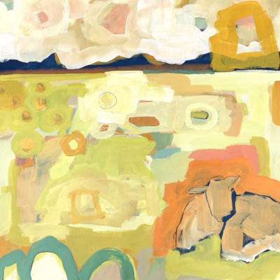 Orange Cow with Fields of Hay